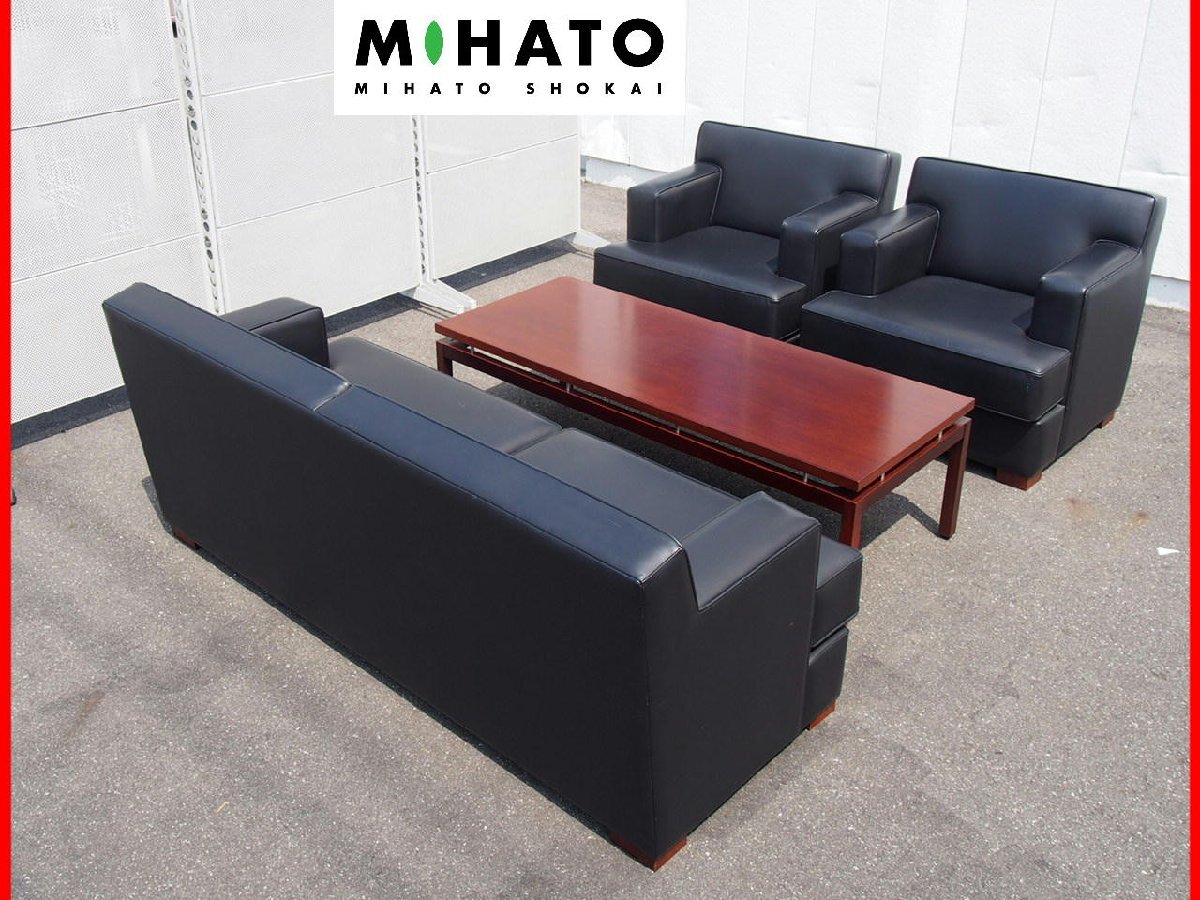 ★ 美品 メーカー不明 総革張り 高級応接セット 4点セット 黒革張り 革地の状態はかなり良いです。拍卖