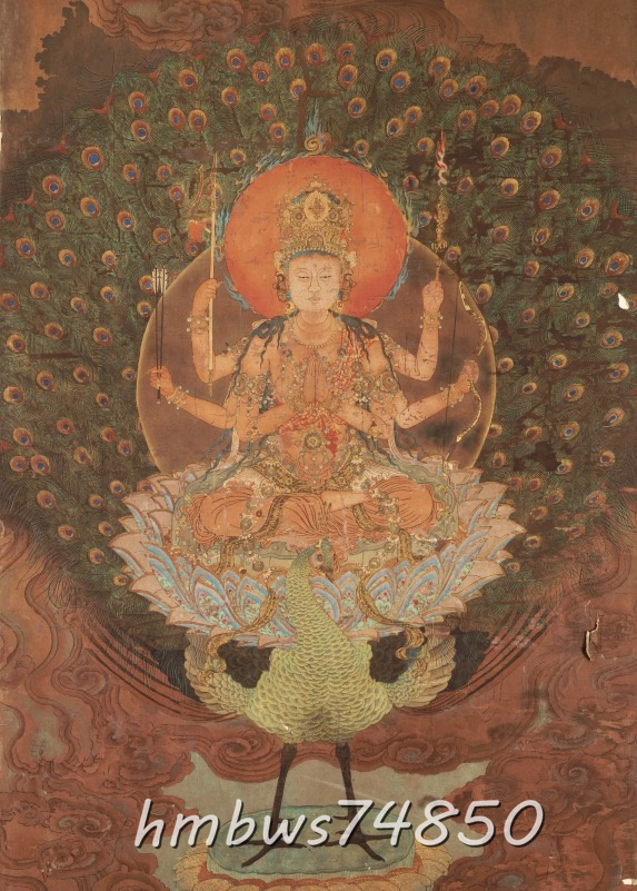 孔雀明王 孔雀王母菩薩 仏画 平安時代 仏教美術 絹布 絹本 掛け物 未表装拍卖