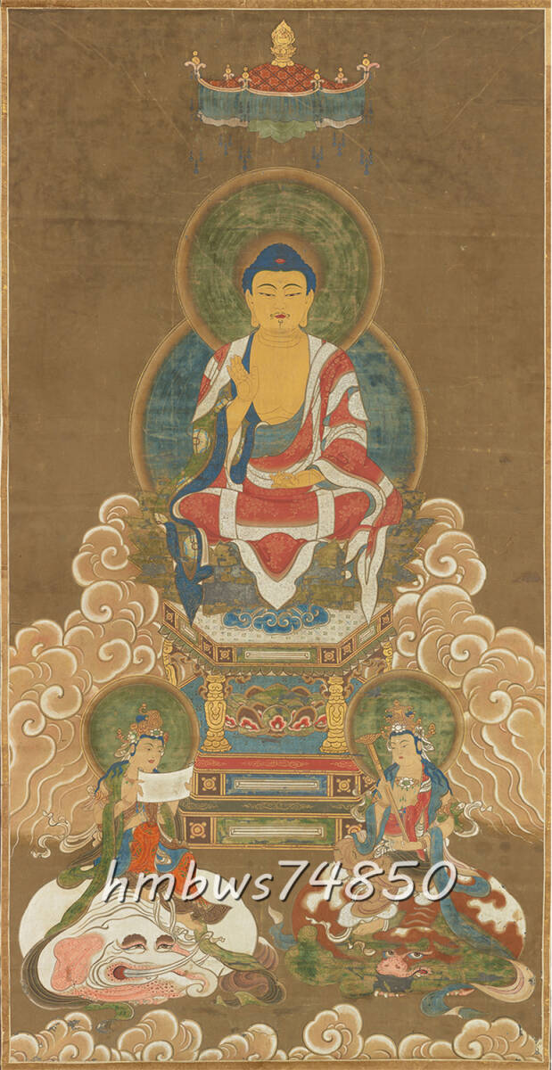 釈迦三尊 仏画 仏像 絹布 仏教美術 絹本 仏画 掛け物 美術品 収蔵品 未表装拍卖