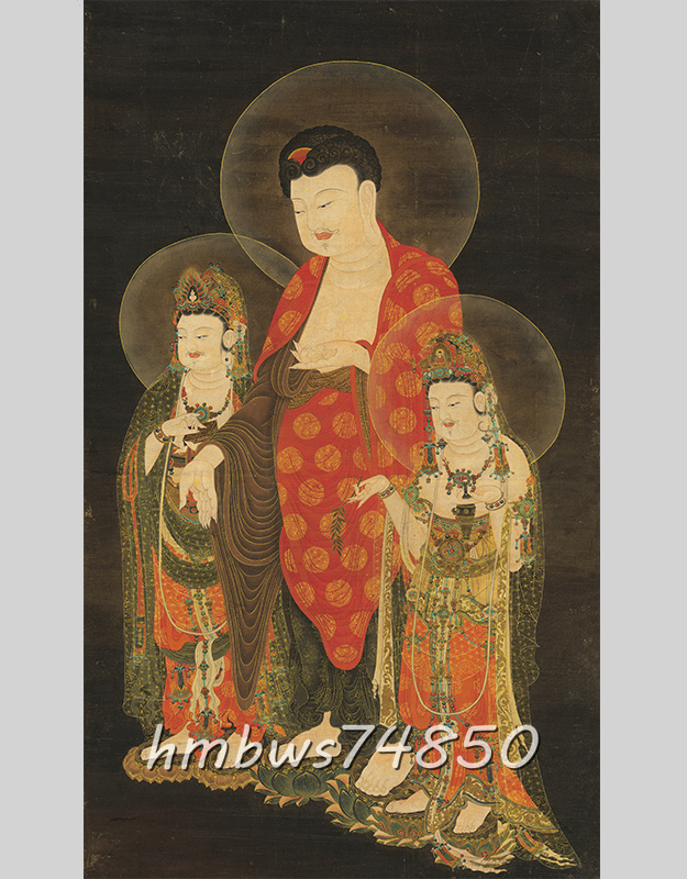 阿弥陀三尊 仏像 仏画 絹布 菩薩像 仏教美術 絹本 掛け物 仏画 美術品 収蔵品 未表装拍卖