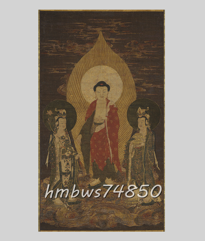 阿弥陀三尊 仏像 仏画 絹布 仏画 菩薩像 仏教美術 絹本 掛け物 仏掛画 美術品 収蔵品 未表装拍卖
