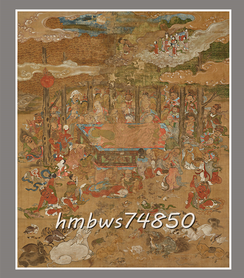 釈迦牟尼涅槃図 敦煌壁画 莫高窟 壁画 仏画 阿弥陀仏 仏教美術 絹本 掛け物 未表装拍卖
