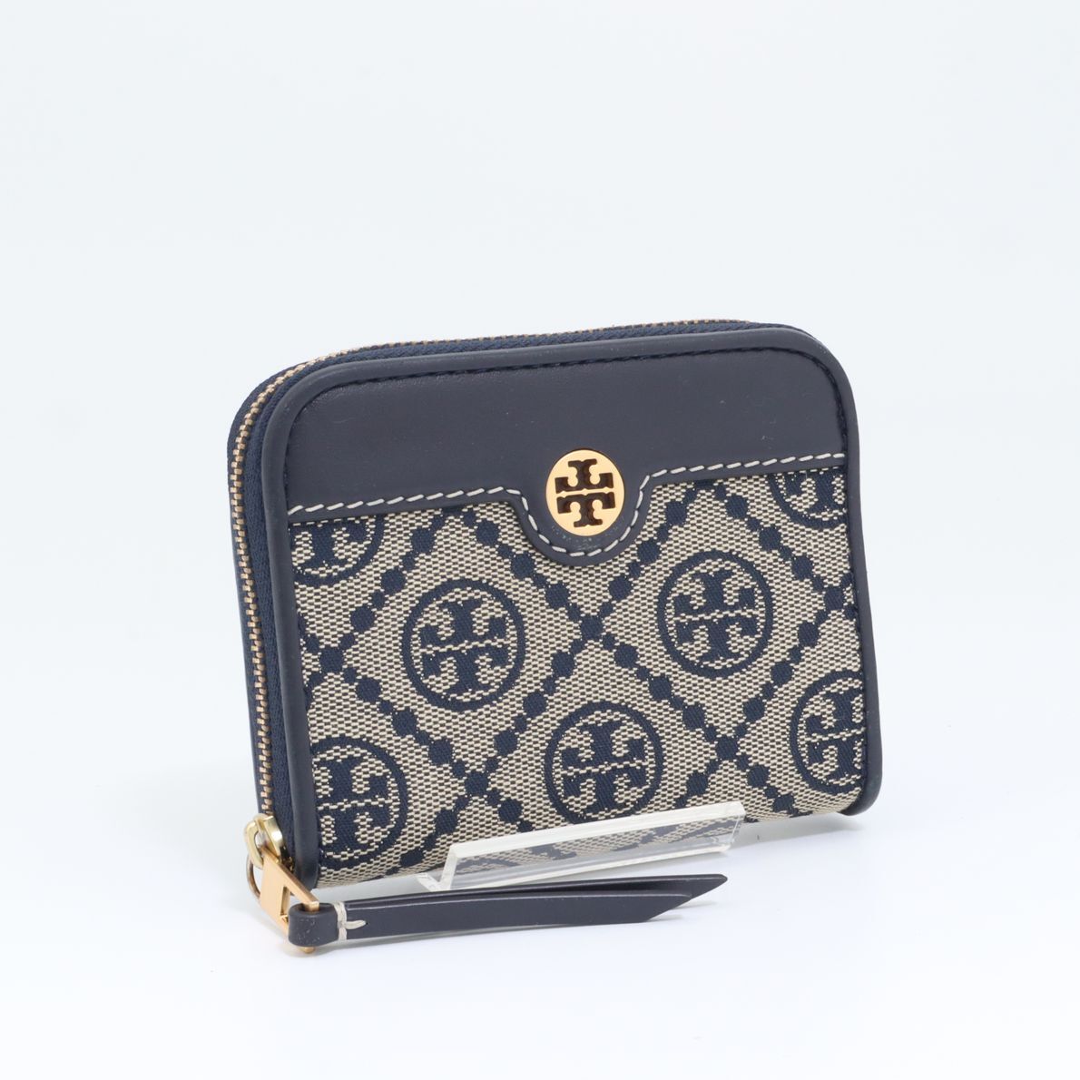 美品 トリーバーチ TORY BURCH Tモノグラム ジャガード×レザー コインケース コインパース 小銭入れ 財布 ネイビー レディース拍卖