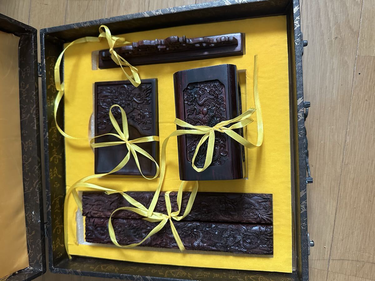 レッドウッド、ローズウッド製文房セット箱付書道具 コレクション 美術品 アンティーク拍卖