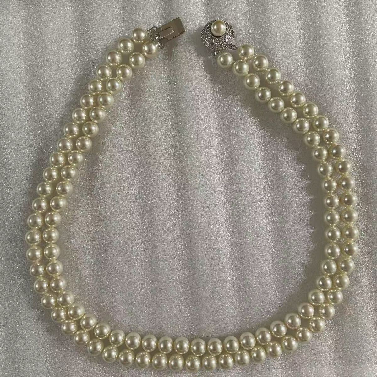 美品 2蓮 パールネックレス、真珠 2連ネックレス silver刻印、箱付き拍卖
