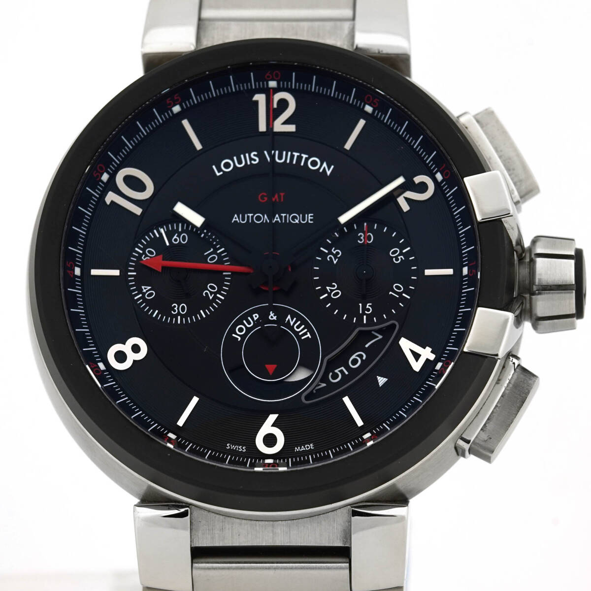 LOUIS VUITTON ルイ・ヴィトン タンブール GMT クロノグラフ Q1052 自動巻き ブラック文字盤 メンズ (K-K609)拍卖
