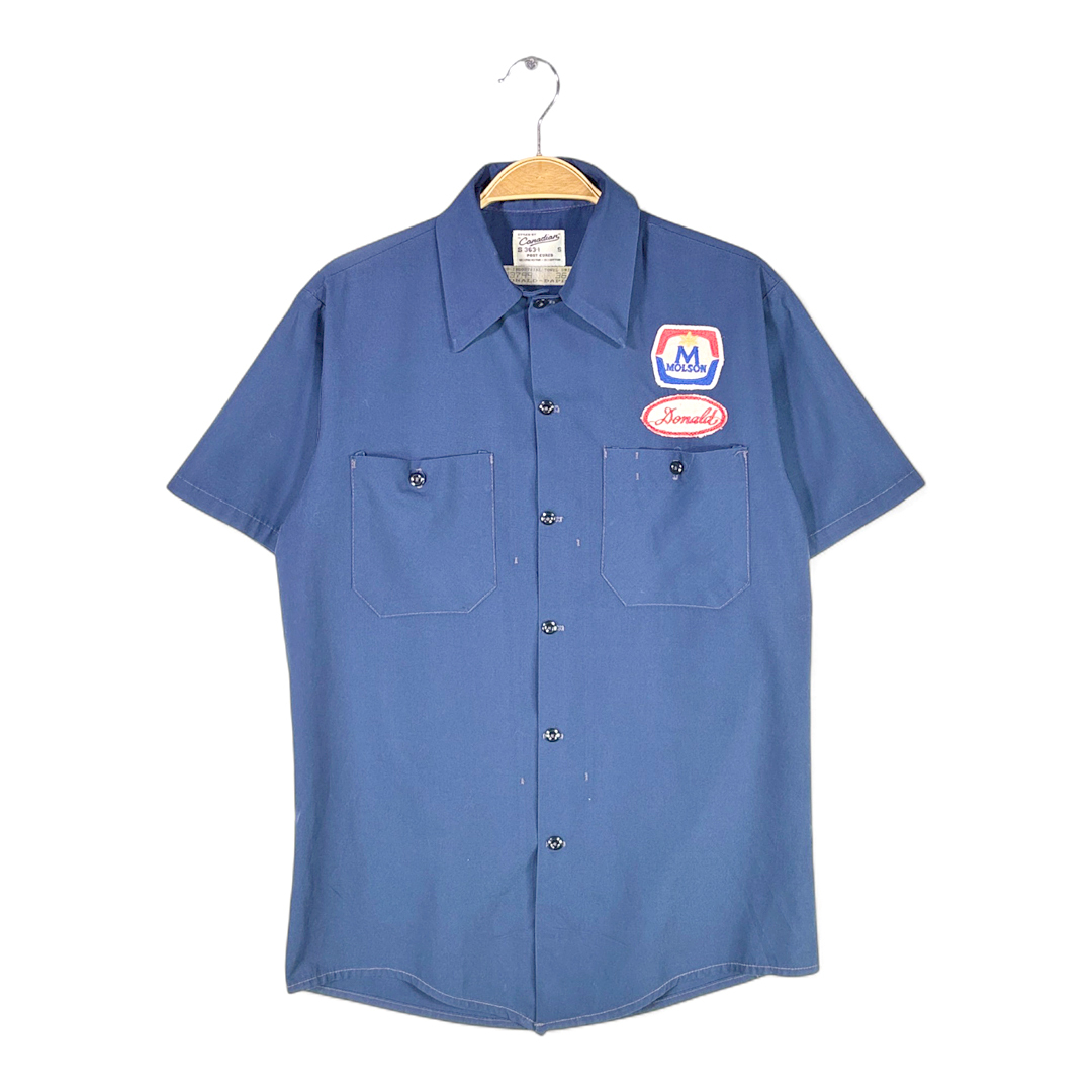 【送料無料】80s モルソン カナダラガービール 企業系 ヴィンテージワークシャツ ネイビー MOLSON ワッペン メンズS 古着 @CB1329拍卖