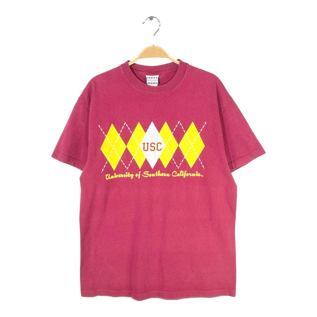 【送料無料】90s フットロッカー USA製 ヴィンテージTシャツ 南カリフォルニア大学 アーガイル柄 USC カレッジ バーガンディー L @BZ0490拍卖