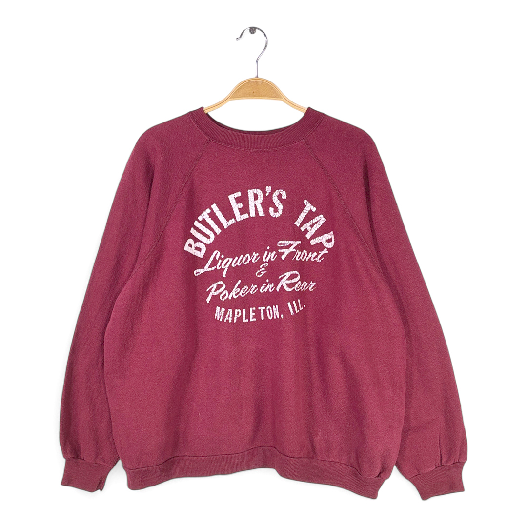 【送料無料】80s ひび割れプリント ヴィンテージスウェット アーチロゴ バーガンディー ラグラン サイズL相当 古着 @CF0952拍卖