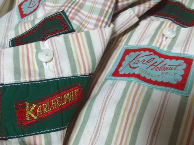 即決美品!!百貨店購入Karl Helmutタブ付きデザインシャツM【綿 100%】日本製PINK HOUSEカールヘルム良質長袖B.D.シャツ☆クリーニング済み拍卖