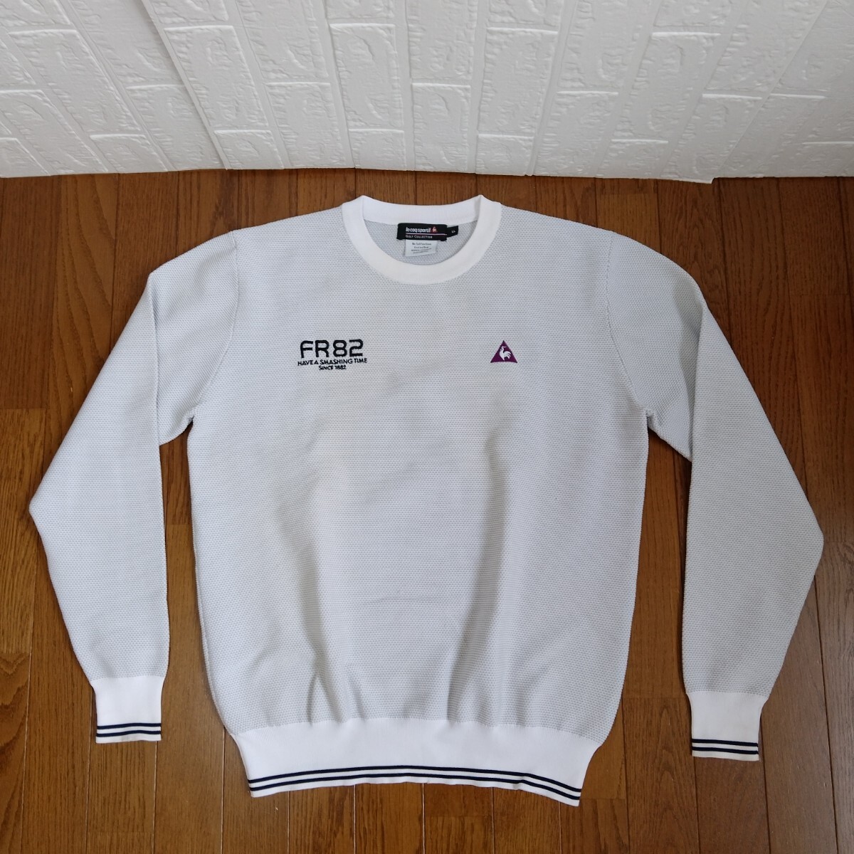 2275【中古】le coqsportif golf ルコックスポルティフゴルフ ゴルフウェア 長袖丸首セーター メンズサイズ LL グレー/白/黒拍卖