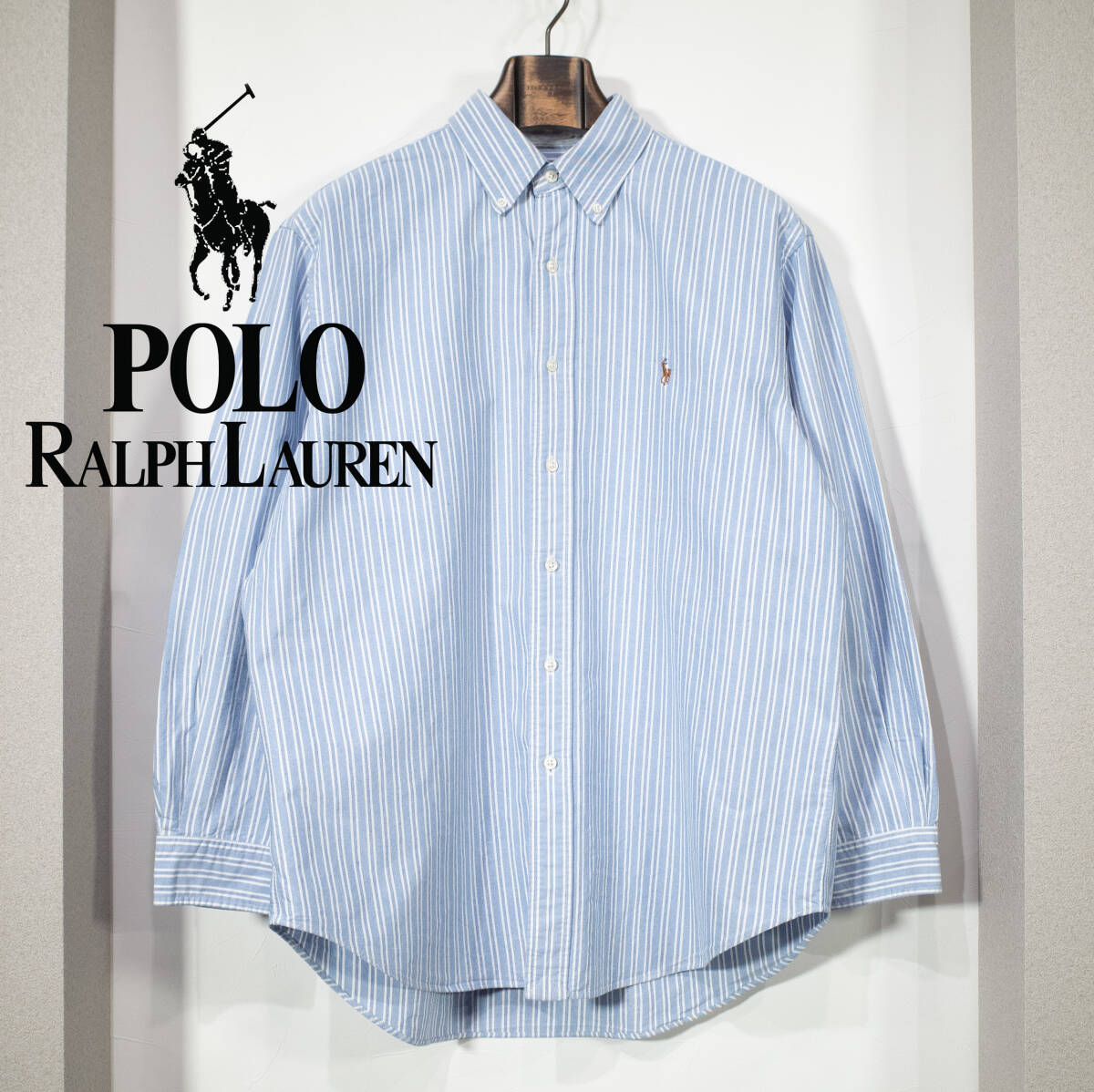 Lサイズ位 / Ralph Lauren ラルフローレン CLASSIC FIT オックスフォード BD シャツ ブルー×ホワイト ストライプ 長袖 即決 送料無料 美品拍卖