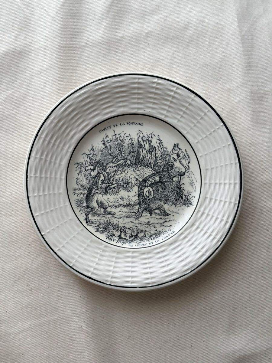 良品 フランス アンティーク 皿 Sarreguemines サルグミンヌ / トーキングプレート グリザイユプレート デザート皿 平皿 (b)拍卖