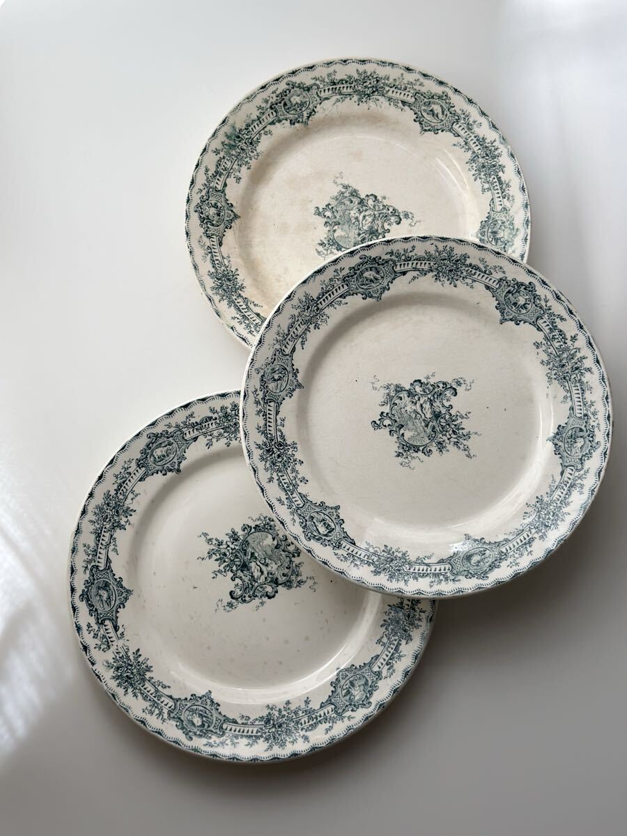 【★3枚セット】フランス アンティーク 皿 Creil et montereau クレイユモントロー / “WATTEAU” 平皿プレート ヴィンテージ 骨董拍卖