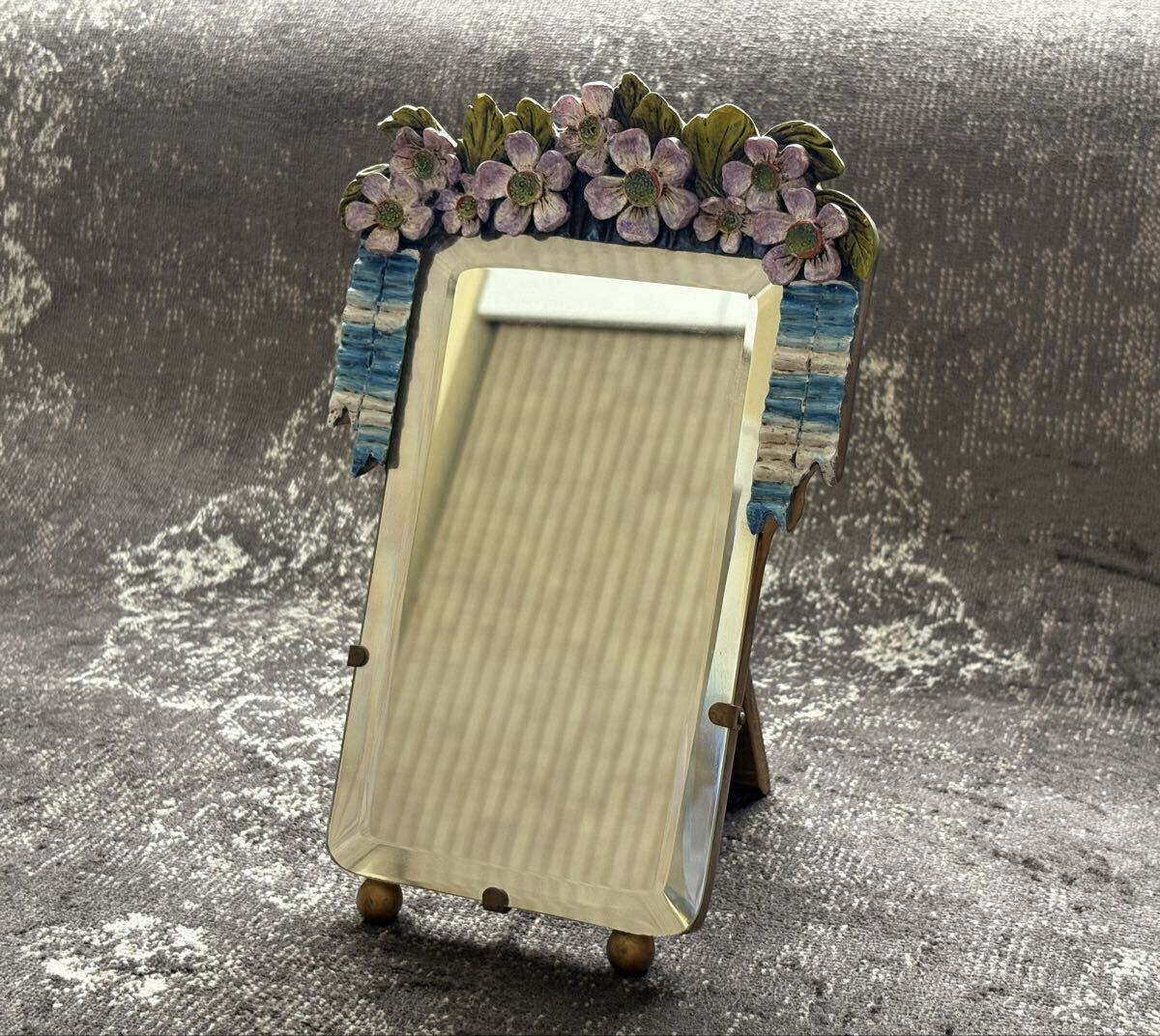 ◆送料無料◆アンティーク バーボラ ミラー 鏡 花&リボン スタンドミラー 卓上 長方形 イギリス拍卖