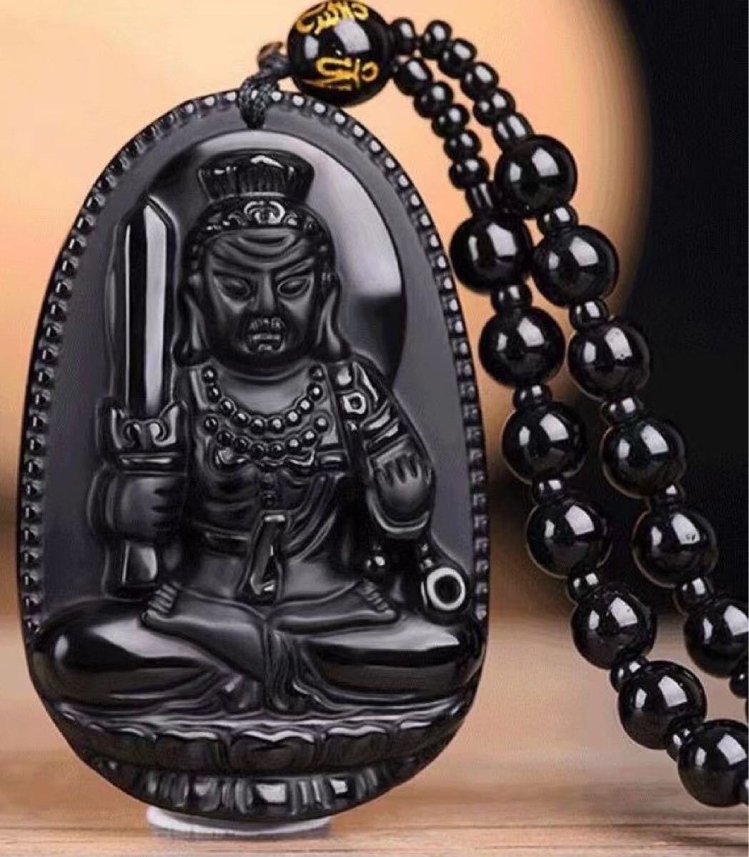 送料無料 不動明王 ネックレス ペンダント 黒曜石 メンズ レディース ストラップ お守り 本体4.5cm仏像拍卖