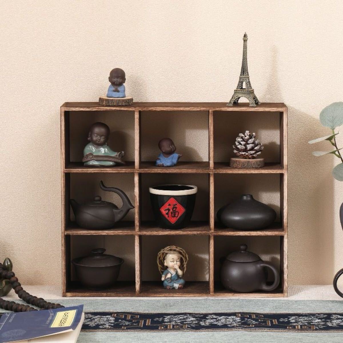木製棚 茶器収納棚 卓上収納 棚 飾棚 ウォールシェルフ 仕切り 茶キャビネット拍卖