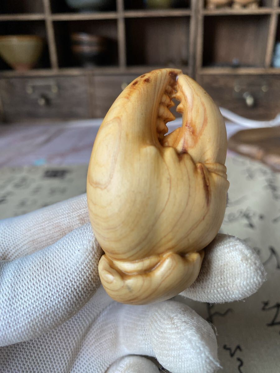 送料無料 木彫り 蟹足 木彫り 民芸品 置物 インテリア 本体サイズ7cm古美術 縁起物拍卖