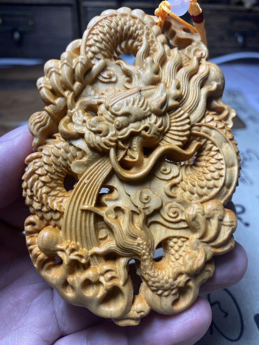 送料無料 特大 龍細密 木彫 一刀彫 リアル繊細彫刻(龍/竜/辰) 飾り インテリア風水 古美術 サイズ約11cm拍卖