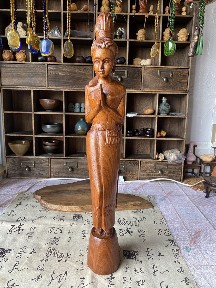 木彫り 置物 高さ約50cm サワディー バリ島 インドネシア 女性像 ミャンマー タイ アジアン インテリア オブジェ エスニック 美術品拍卖