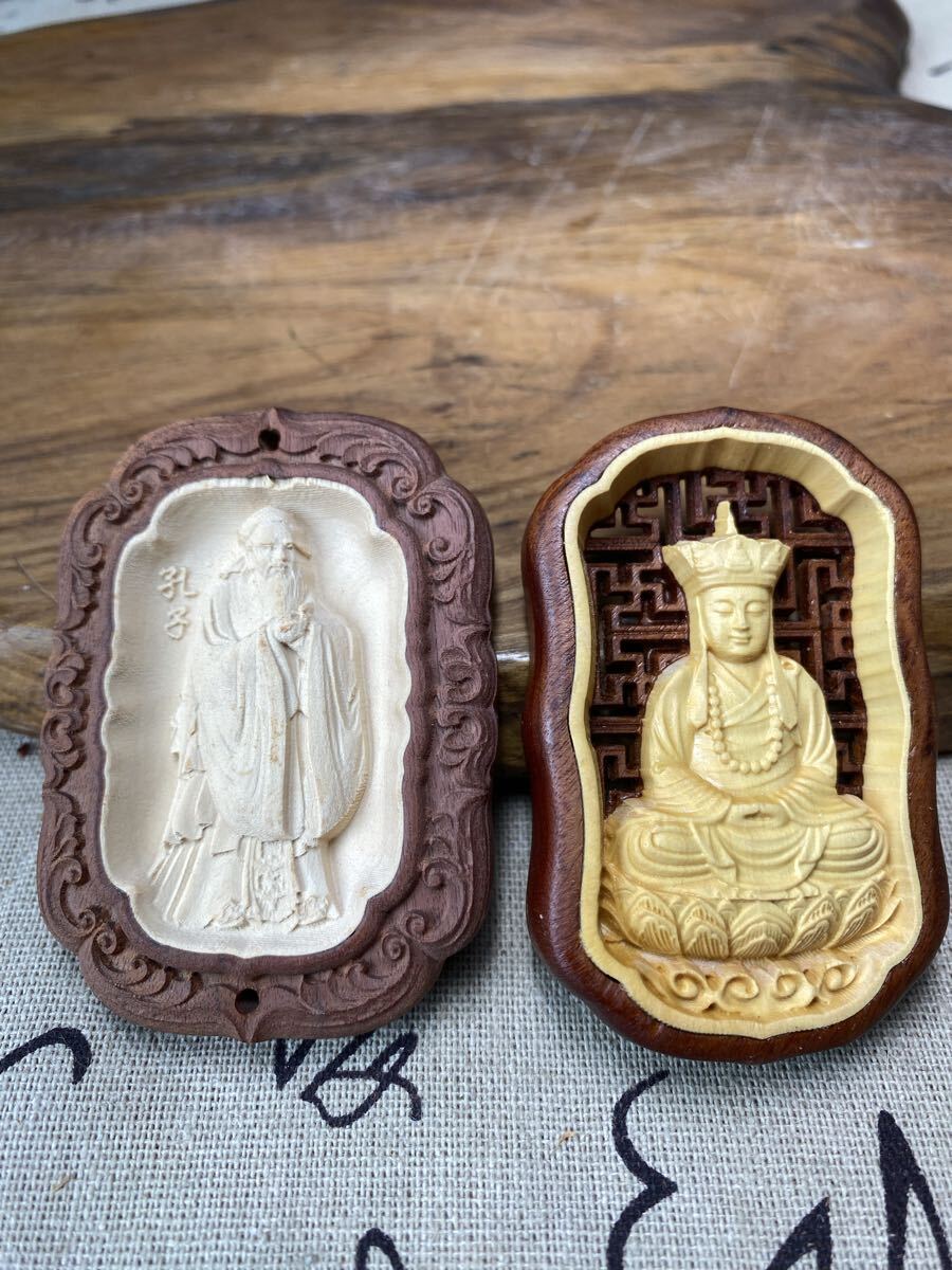 送料無料 孔子 地蔵王 置物 根付 柘植木 お守り 縁起物 彫刻 セット 木彫り 懐中仏 守り本尊 仏教美術 座像拍卖