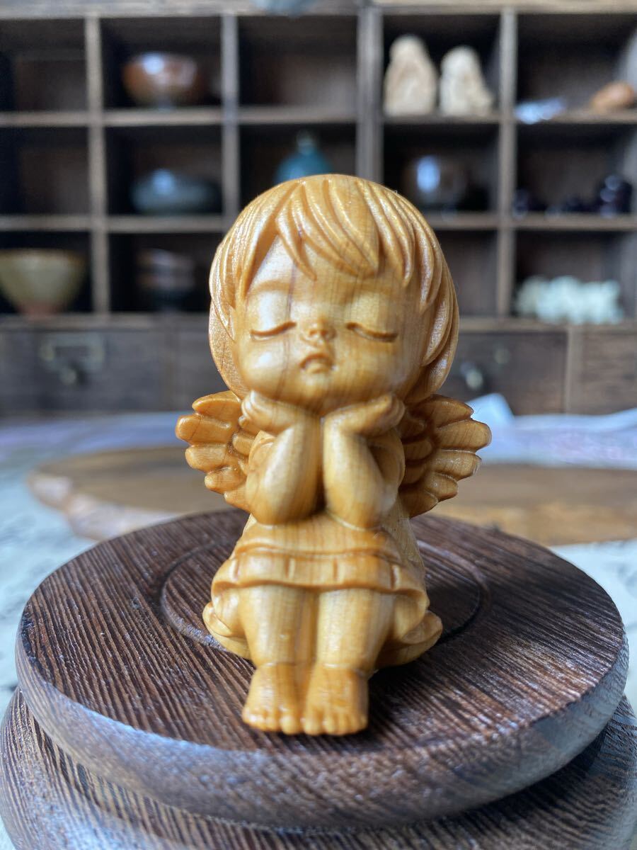 送料無料 木彫り 可愛い天使 置物/お守り/縁起物 美術品 工芸品 仏教美術 オブジェ拍卖