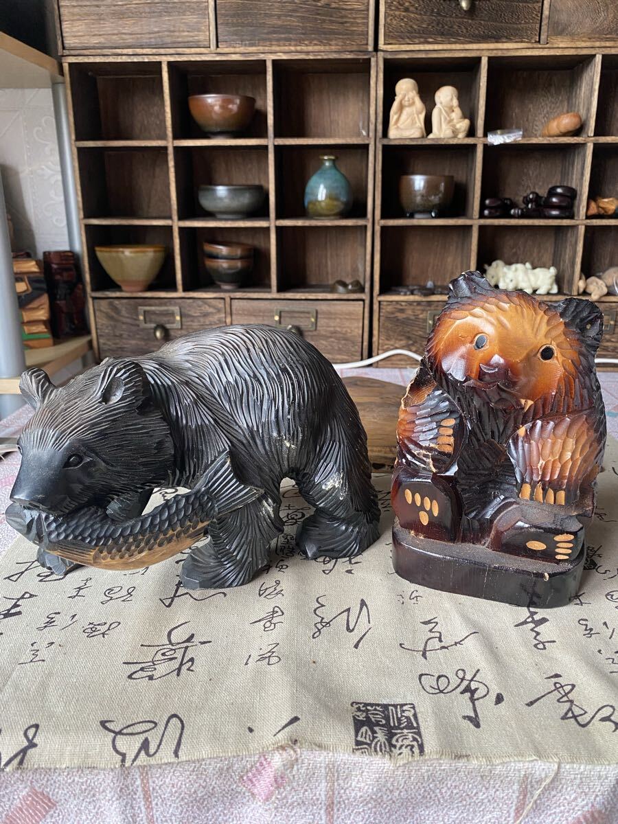 熊の木彫り オブジェ インテリア 置物 北海道 民芸品 木彫り熊 2個セット拍卖