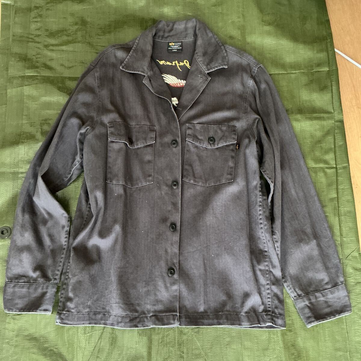 ALPHA INDUSTRIES バック刺しゅう ヘリーボーン ミリタリーシャツ グレー L TS5094-8001拍卖