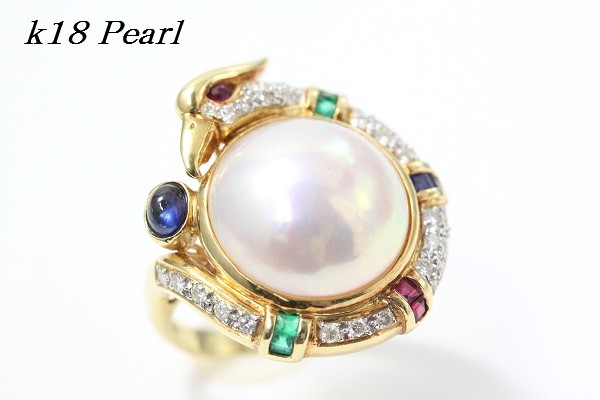 k18 大きいマベパールリングマルチ鳥鳳凰指輪 真珠ダイヤ ルビー10号拍卖