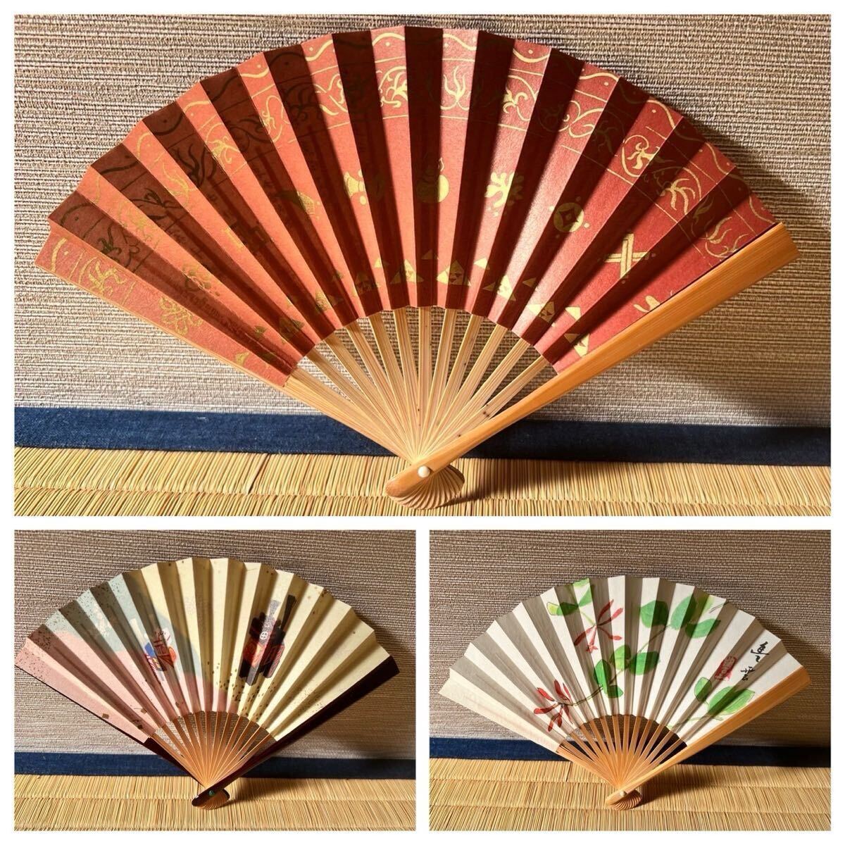 【扇子 せんす三種セット】①唐草宝尽図 裏面千家十職名②三春駒画③草花画 和紙 印刷 お茶席用扇子 慶事用扇子 日本文化 着物必需 茶道具拍卖