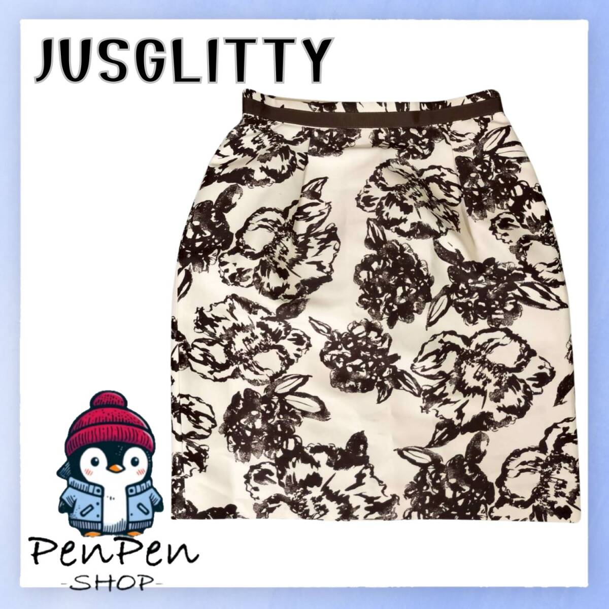 日本製 JUSGLITTY ジャスグリッティー レディース タイトスカート 花柄 モノトーン ピンク×ブラウン 上品 ひざ丈 size1 Sサイズ 裏地あり拍卖