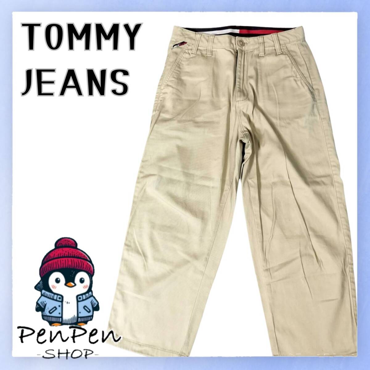 ストレッチ素材 TOMMY JEANS トミージーンズ レディース ハイライズ ストレートパンツ ベージュ W26 L28 脚長効果 チノパン S~M相当拍卖