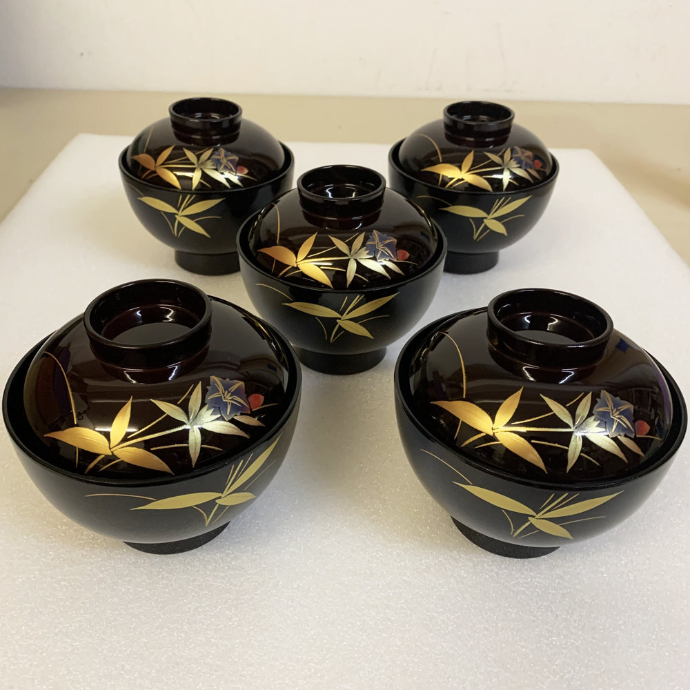 溜りんどう吸物椀 漆塗り 蓋付き お吸物椀 5客セット HSY-14-01-50 日本漆器協同組合連合会承認 お茶碗 合成漆器 ウレタン塗装【4840拍卖
