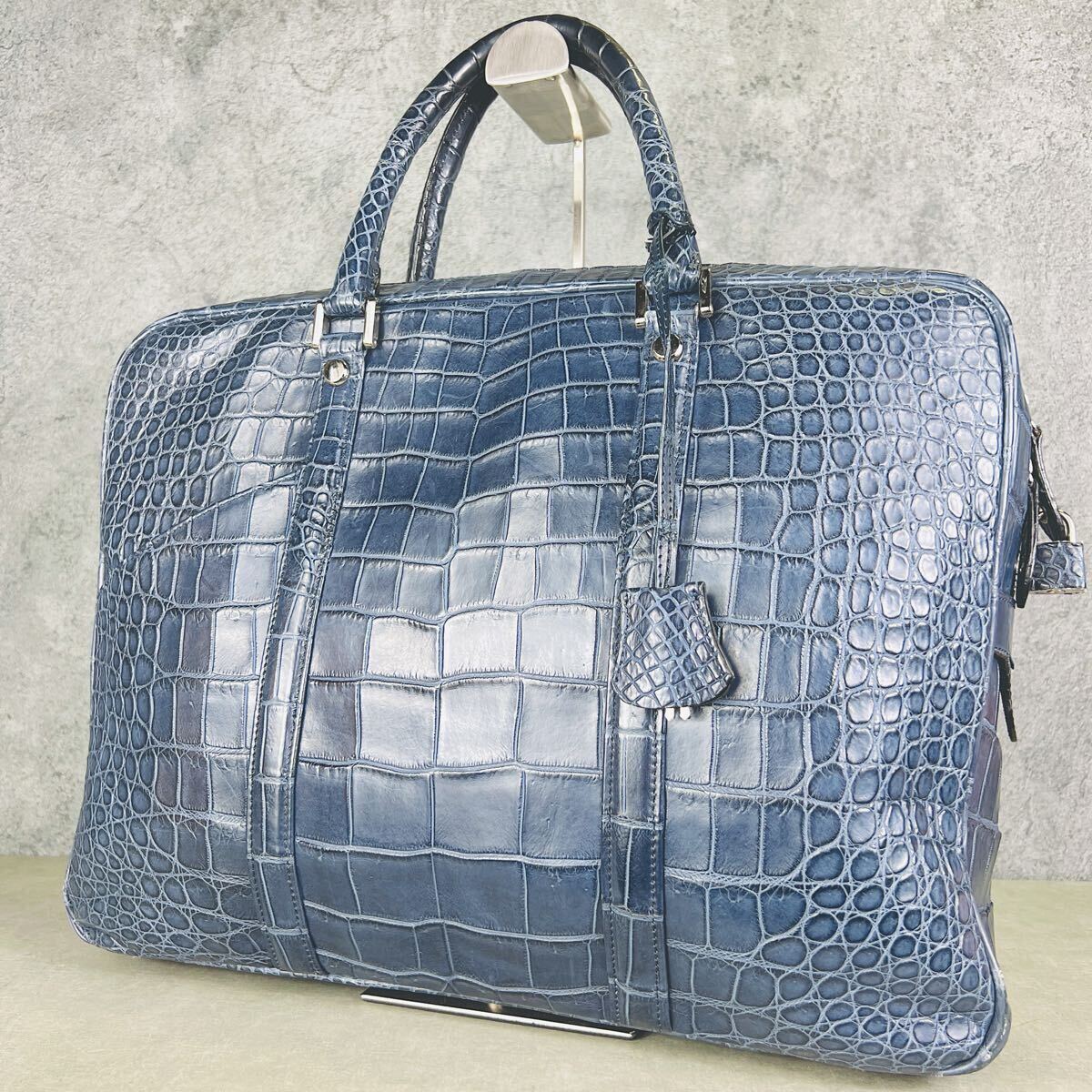 クロコダイル ビジネスバッグ ネイビーブルー マットクロコ ハンドバッグ センター取り ワニ革 IA1拍卖