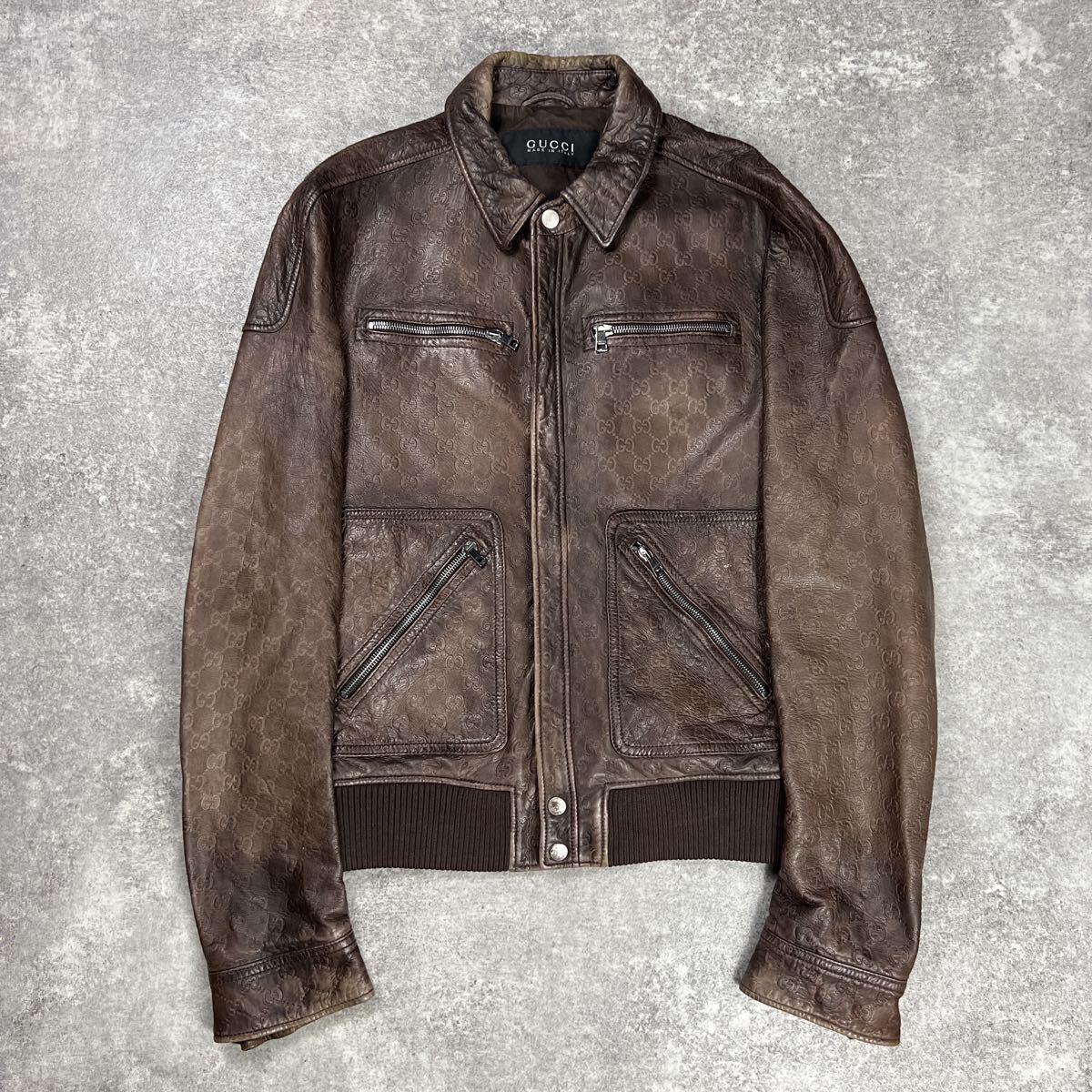 希少 GUCCI トムフォード期 シマレザー GG柄 グッチ ラムレザージャケット ライダース ブルゾン ラムレザー ブラウン 46サイズ IA45拍卖