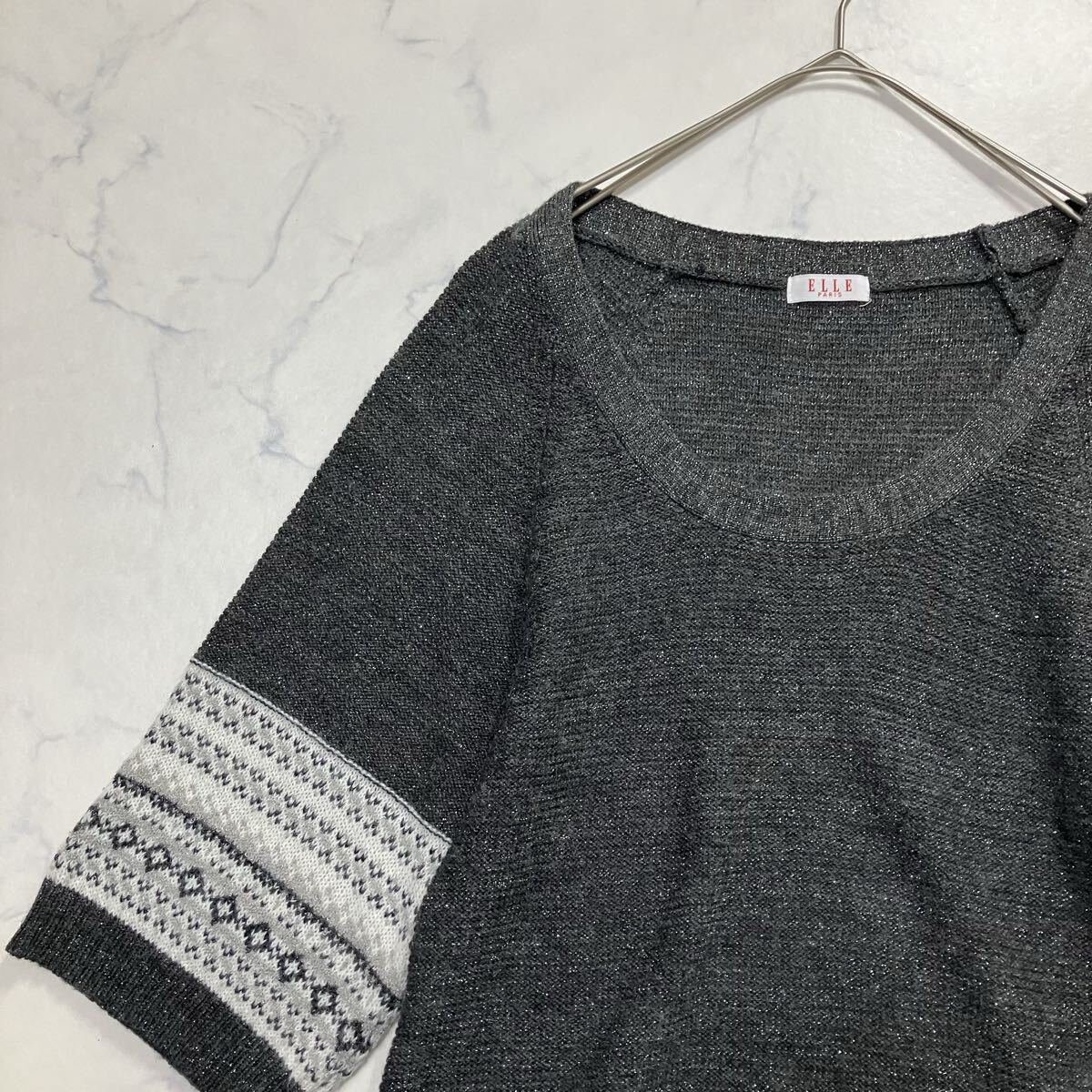 ELLE PARIS エル 切替 デザイン キラキラ 七分袖 ラグラン ウール混 ニット ワンピース グレー ホワイト 38拍卖