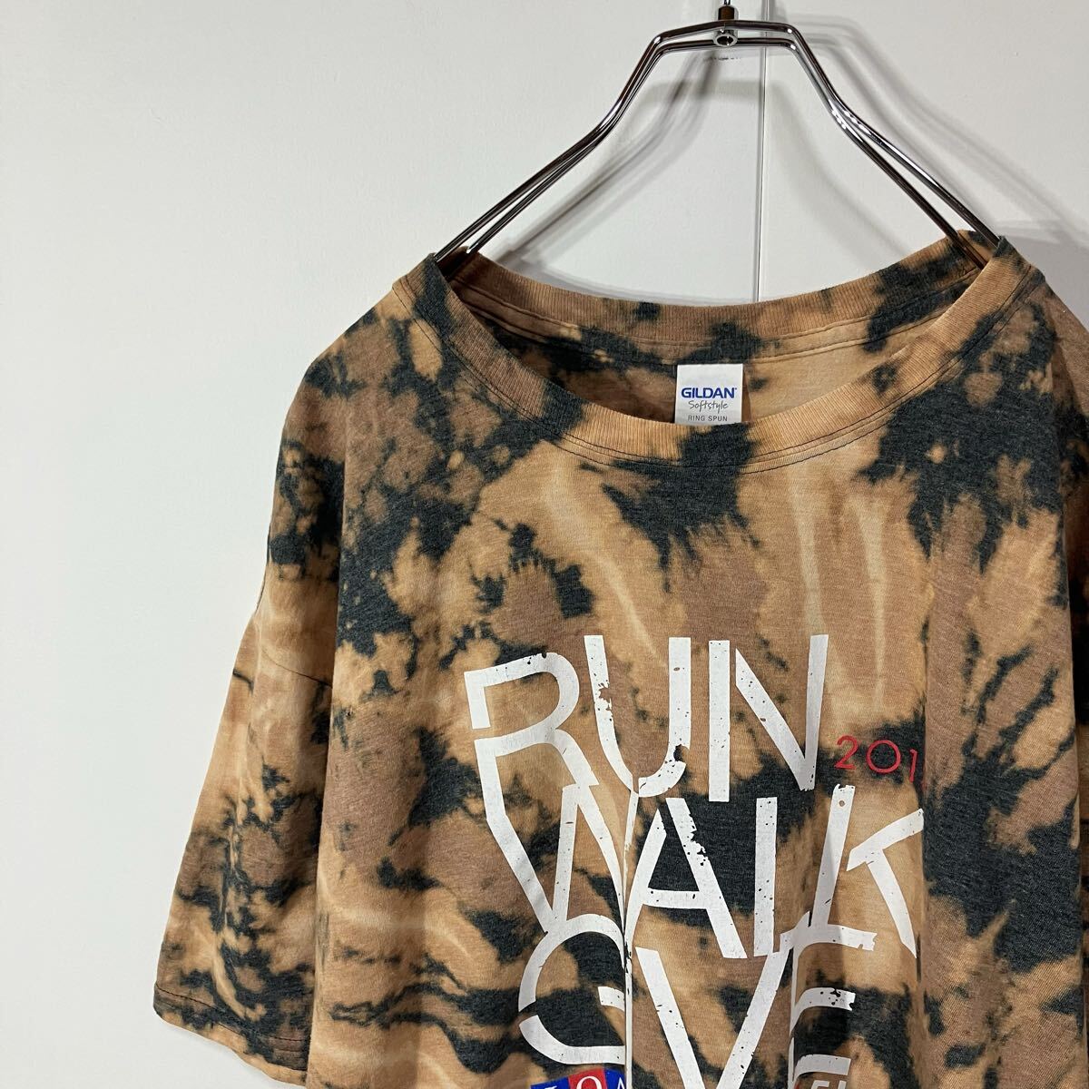 古着 アート 両面 プリント クルーネック 半袖 Tシャツ 大きいサイズ 一点物 ダークグレー オレンジ 2XL拍卖