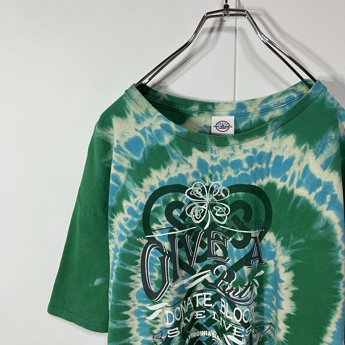 古着 アート プリント クルーネック 半袖 Tシャツ 大きいサイズ 一点物 グリーン ブルー クリーム XL拍卖