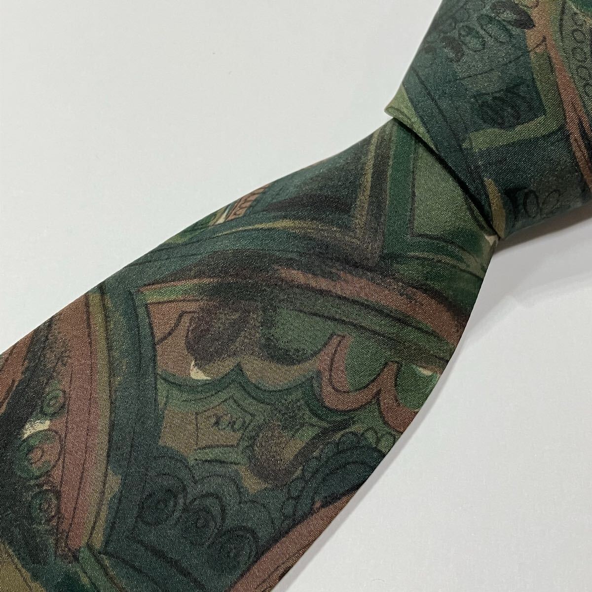 アート シルク ネクタイ 古着 グリーン カーキ ブラウン 559-3拍卖