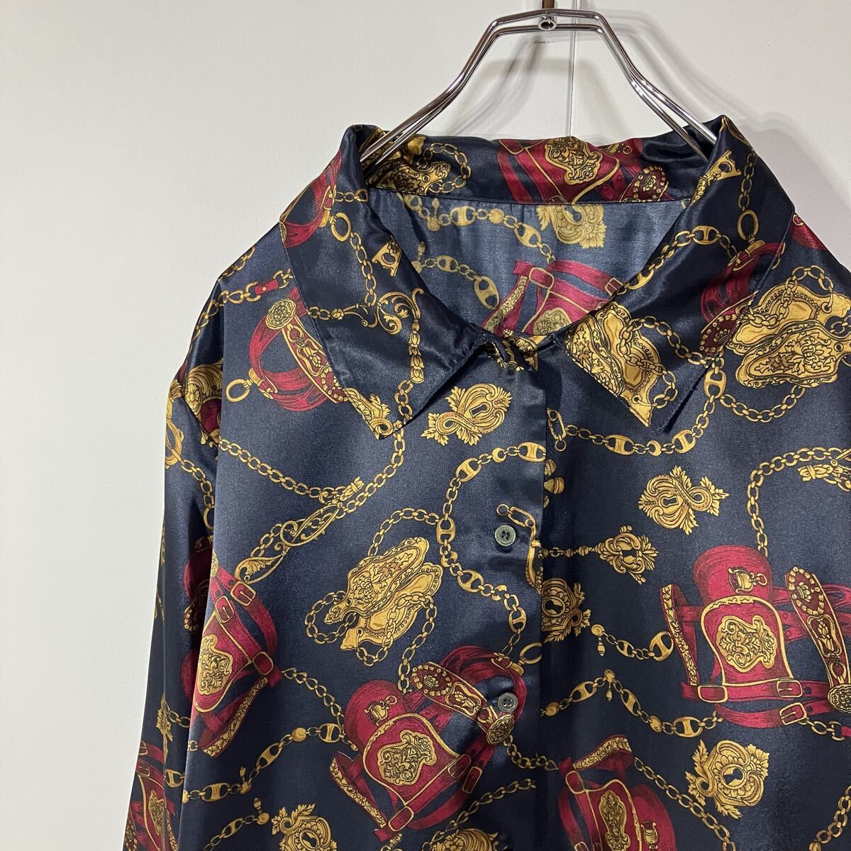 スカーフ柄 スクエアカット ポリ 長袖 シャツ 大きいサイズ 古着 ネイビー 5L拍卖