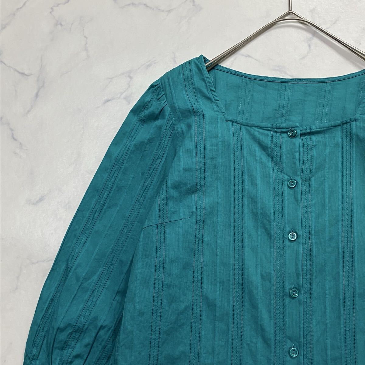 any SiS エニィスィス ジャガード 透かし柄 ストライプ 七分袖 スクエアカット コットン シャツ ブルーグリーン 2拍卖