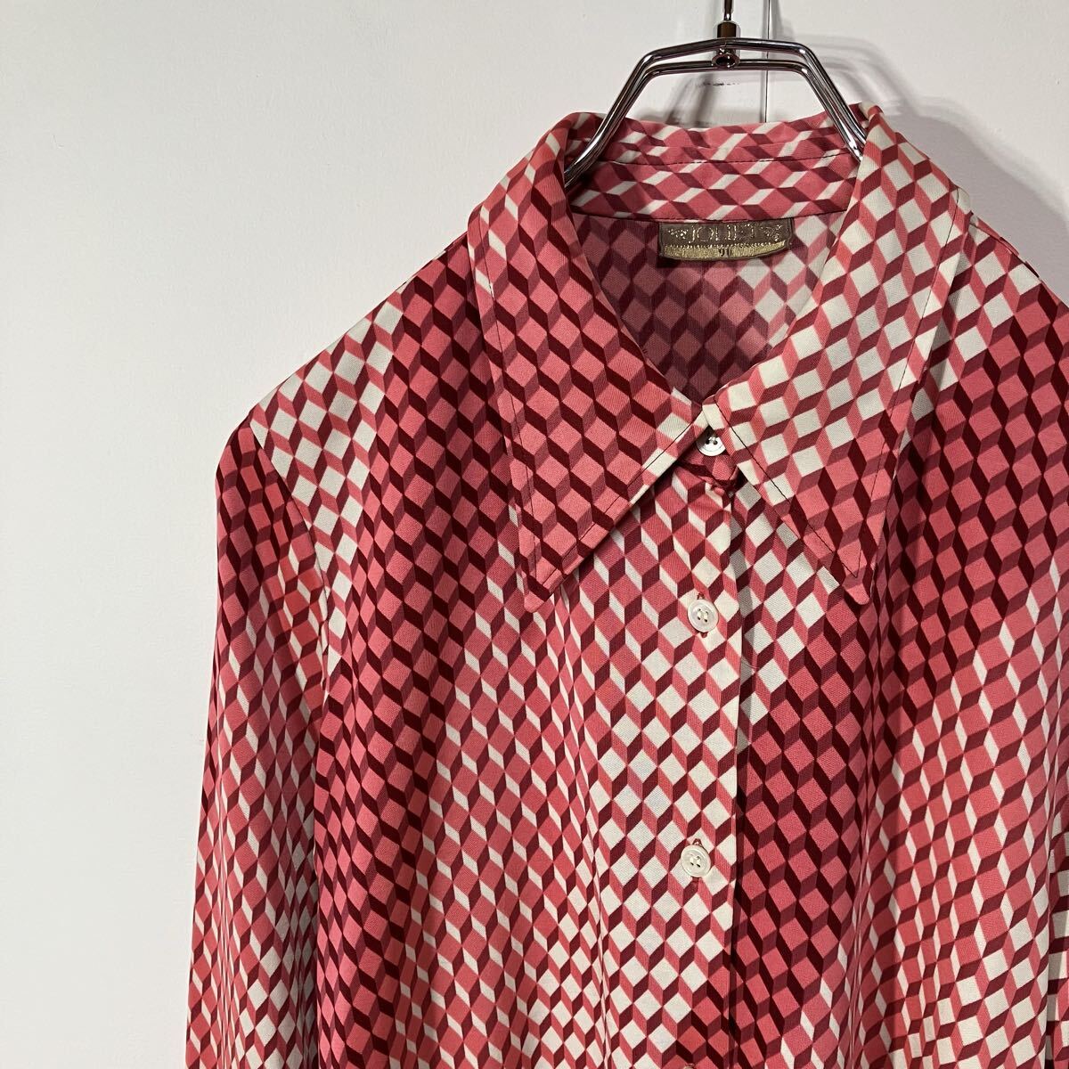 古着 ヴィンテージ パターン柄 グラデーション レトロ スクエアカット ニット 長袖 シャツ ピンク ホワイト ワイン 91拍卖
