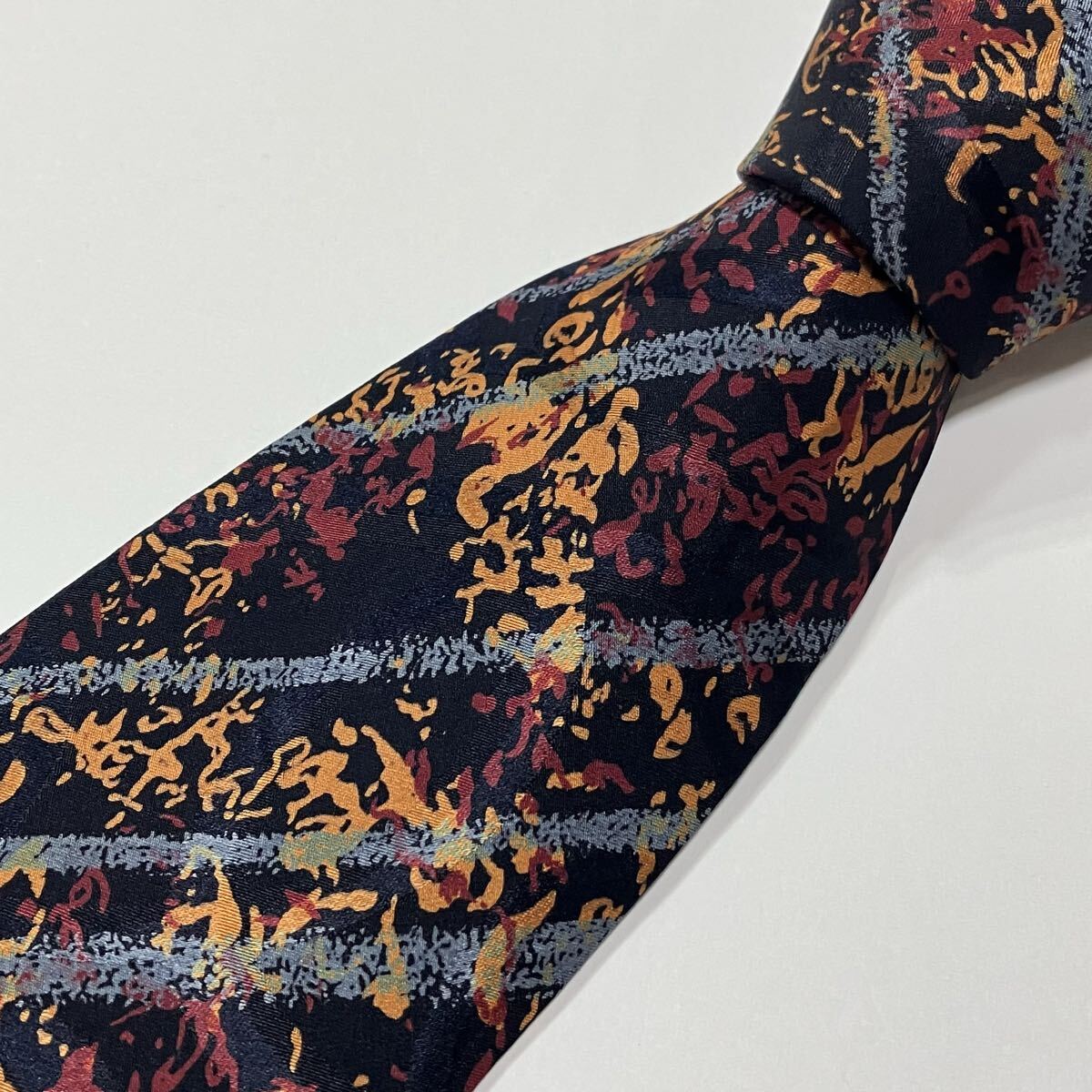 アート ストライプ シルク ネクタイ 古着 ネイビー ブルーグレー ワイン イエロー 585-6拍卖