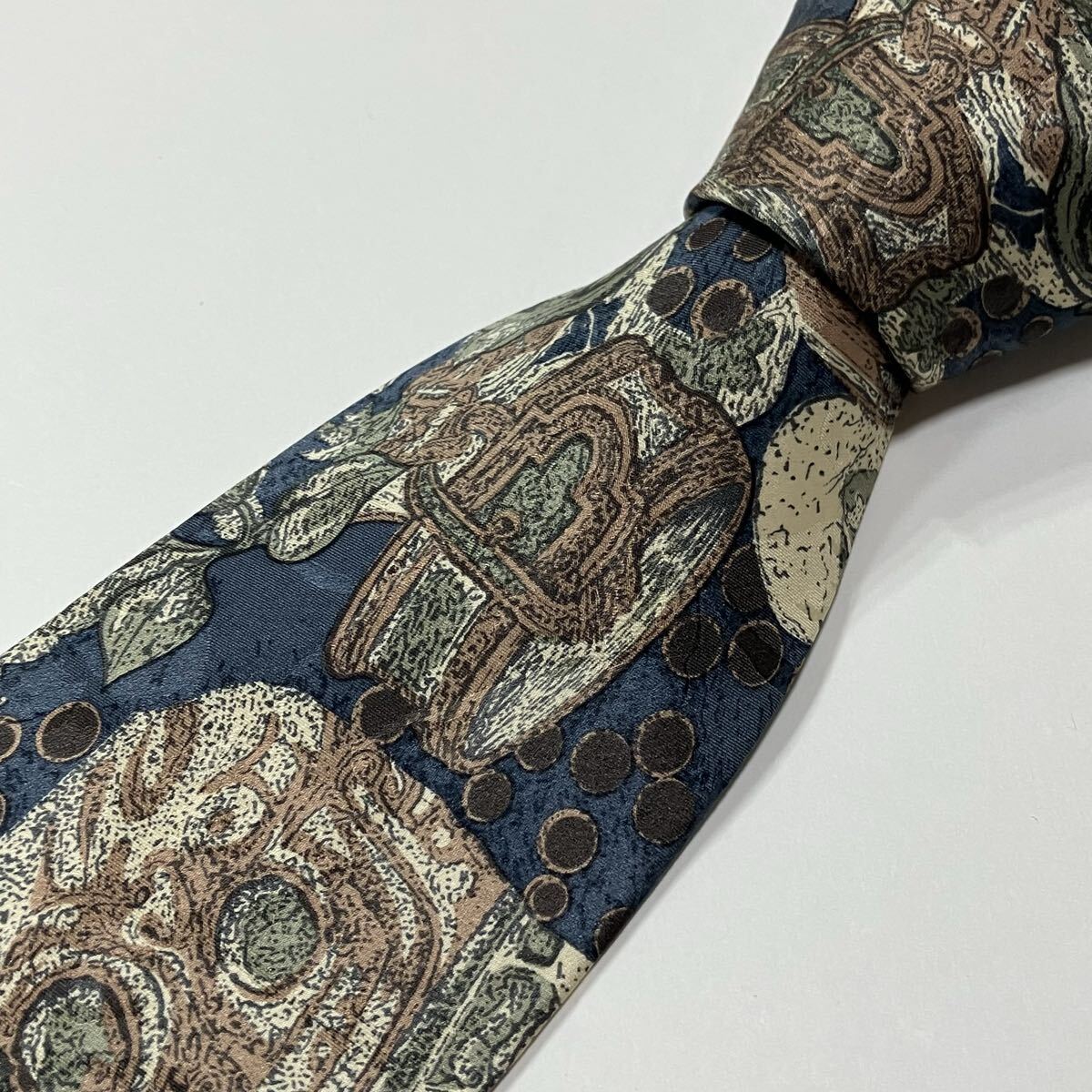 アート シルク ネクタイ 古着 ブルーグレー カーキ ベージュブラウン 586-6拍卖
