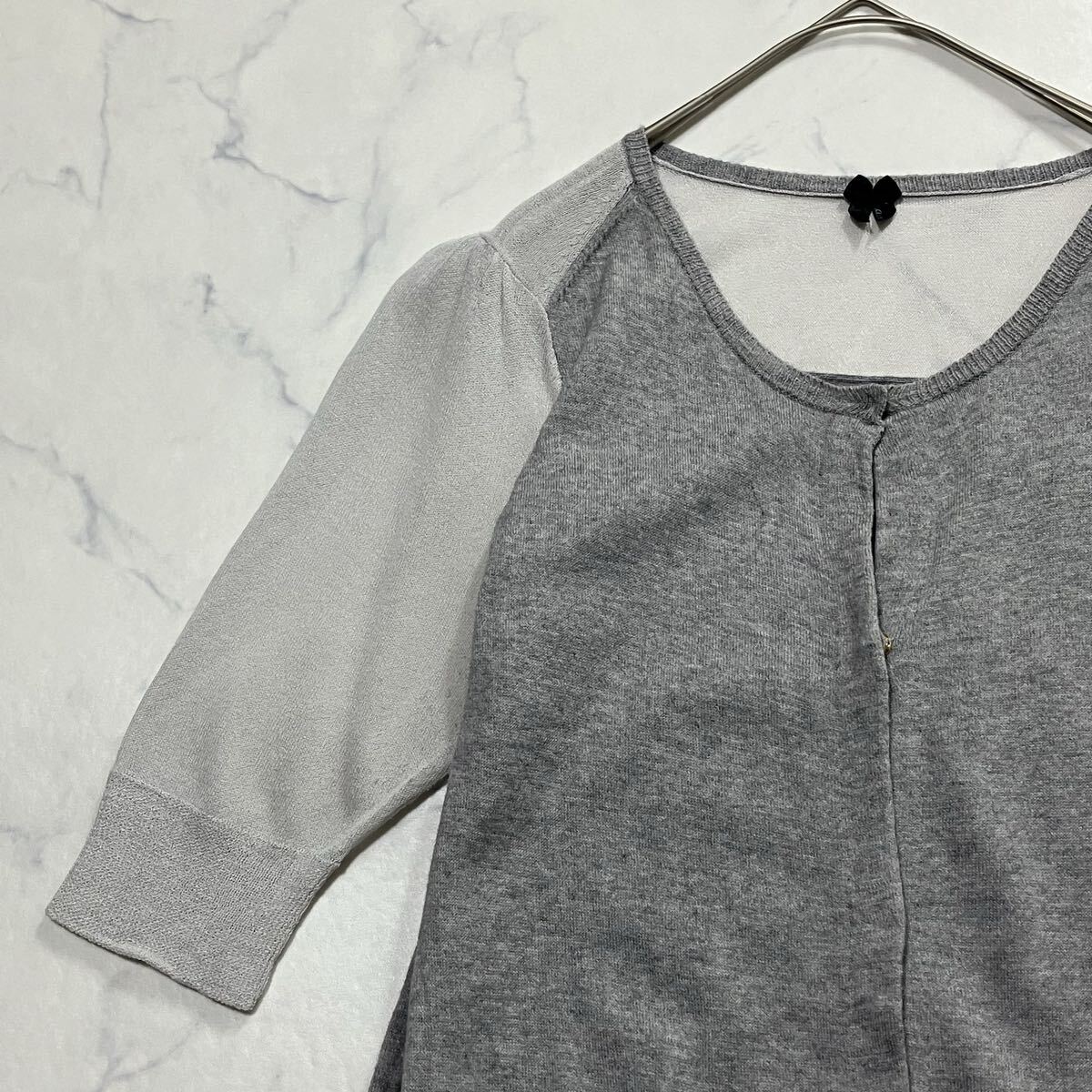 avie アビィ 透け感 シースルー スナップボタン ウール混 五分袖 ニット グレー 2拍卖
