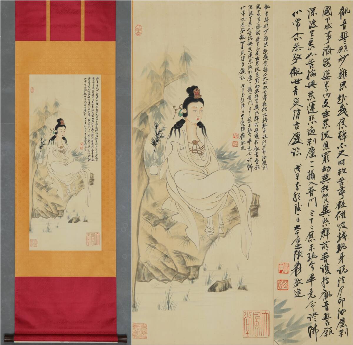古美術 掛け軸 中国・近現代 「張大千書」 絹本 【水月観音図】 立軸 書道 巻き物 肉筆保証 唐物 古画 画心93x38cm LT-2509109拍卖