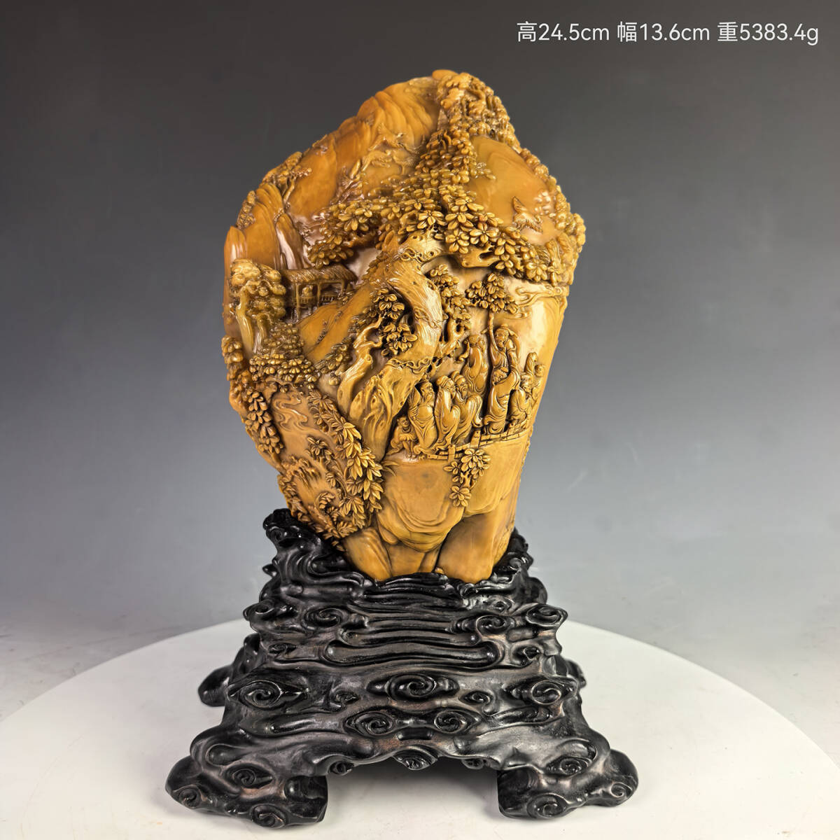 古石彫 寿山石 中国・清時代 【田黄石彫刻渓山聚賢紋山子置物】 文房置物 檀木台座 古美術 古賞物 唐物 時代物 重5648.6g LT-2509176拍卖