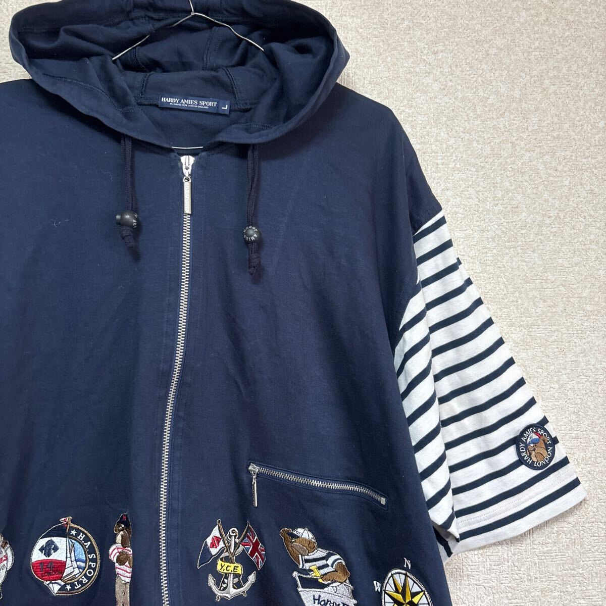 【ビッグシルエット】 HARDY AMIES SPORTS ボーダー 刺繍 ユルダボ パーカー メンズLサイズ相当 ジップアップ スウェットパーカー拍卖