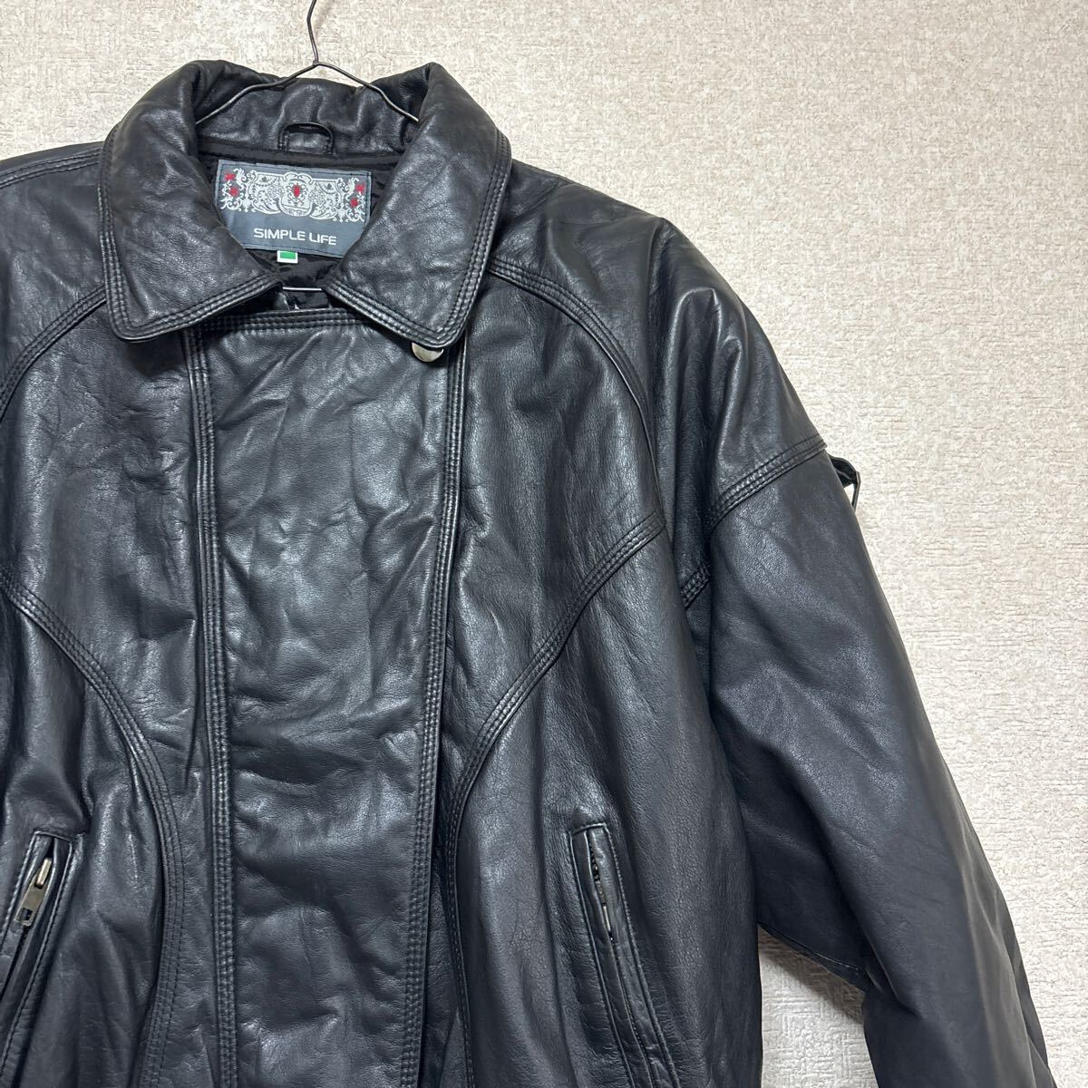 【レナウン製】 simpleLife 牛革 レザージャケット革ジャン 内側キルティング 中綿ジャケット メンズSサイズ相当拍卖