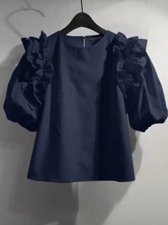 新品大きいサイズ2XLブラウスラフルスリーブフリル紺色ゆったり 半袖軽量拍卖